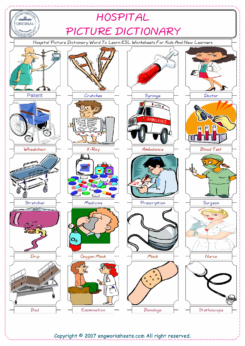  Hospital English Worksheet for Kids ESL Printable Picture Dictionary 